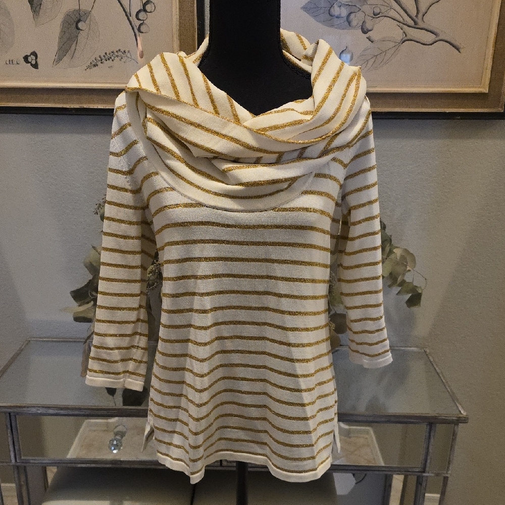Sutton Studio Gold and Cream Striped Cowl Neck Sweater